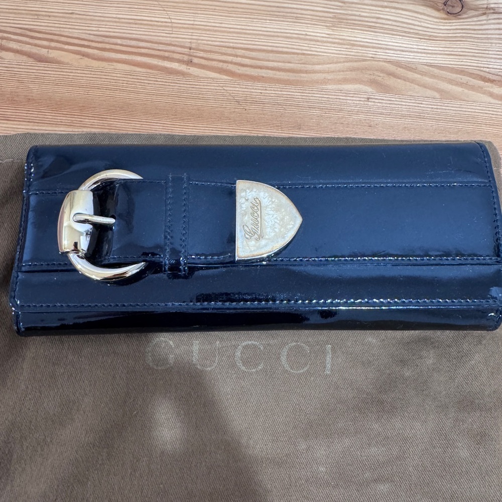 Gucci Black Patent Leather Wallet with Gold Buckle